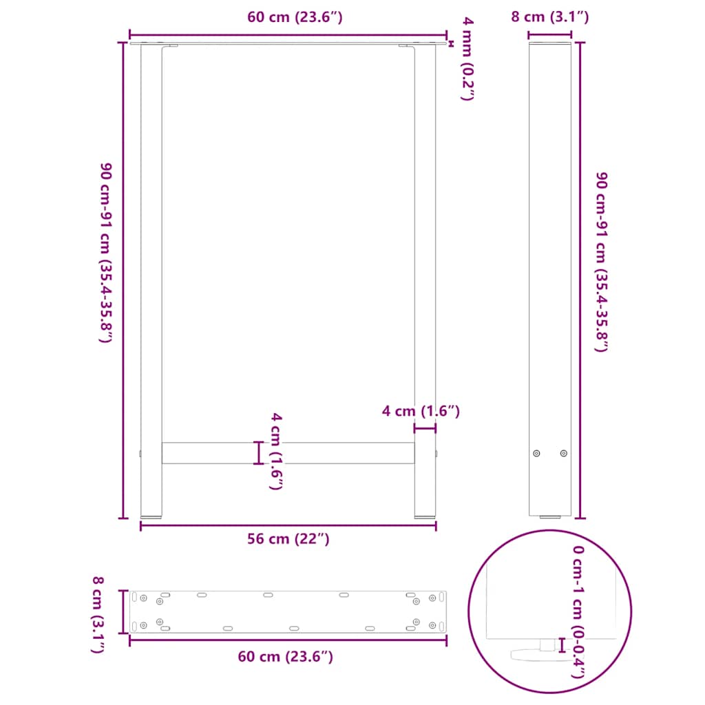 Bartischbeine Weiß 2 Stk. 60x(90-91) cm Stahl