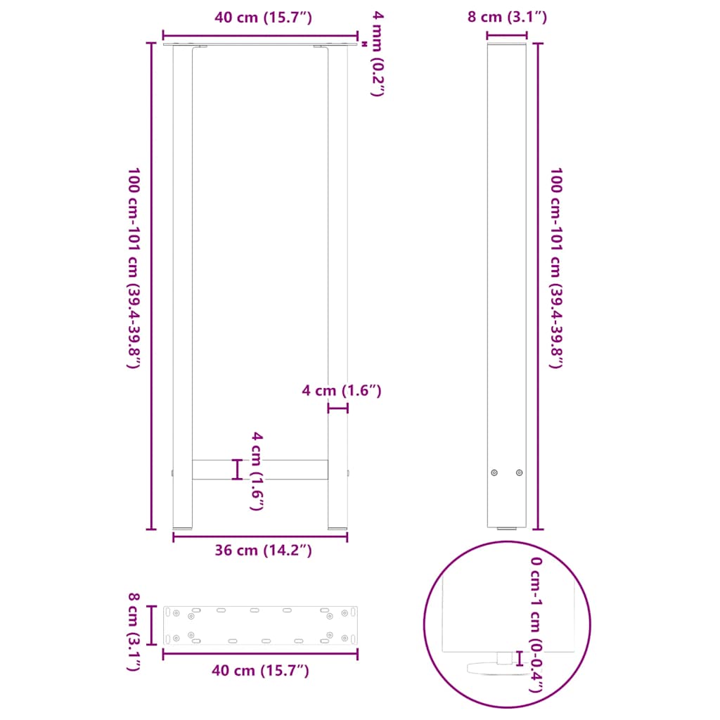 Bartischbeine Schwarz 2 Stk. 40x(100-101) cm Stahl