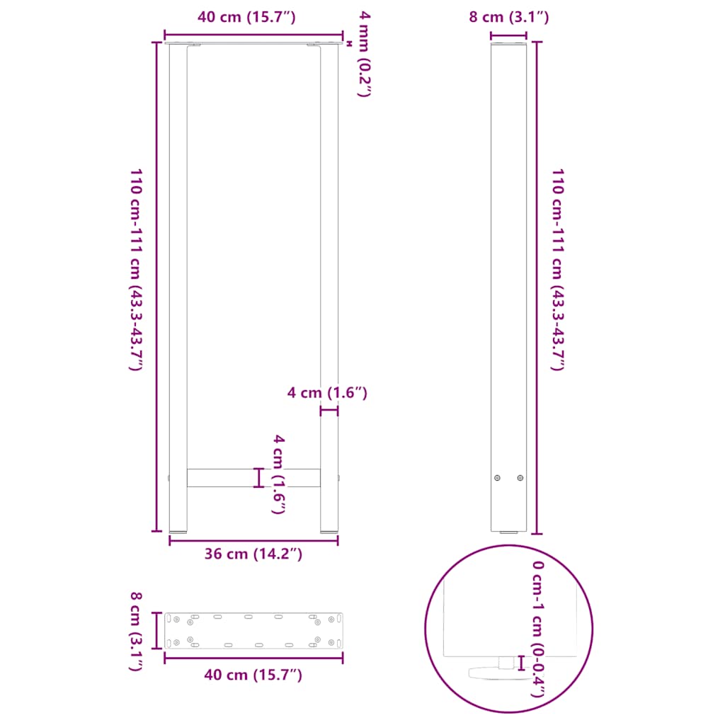 Bartischbeine Anthrazit 2 Stk. 40x(110-111) cm Stahl