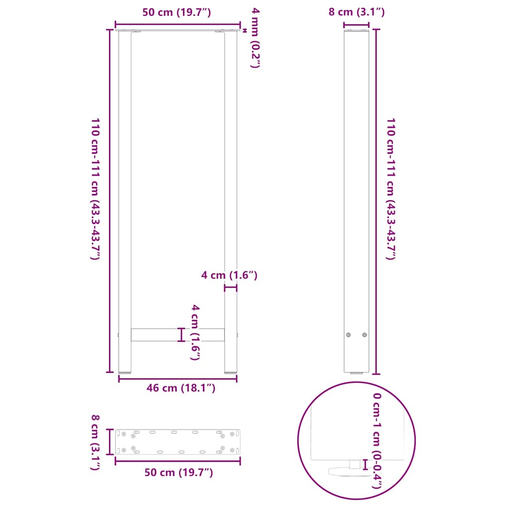 Bartischbeine Weiß 2 Stk. 50x(110-111) cm Stahl