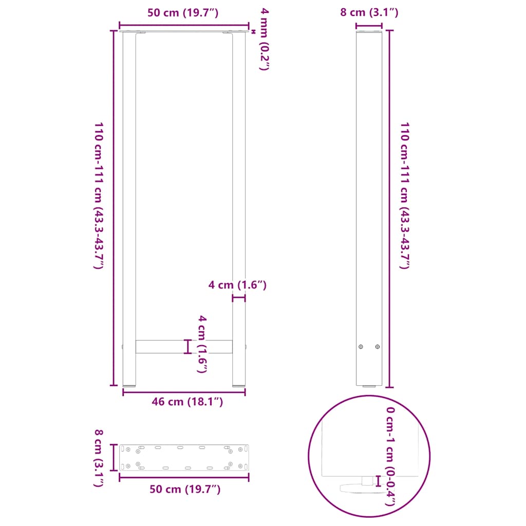 Bartischbeine Anthrazit 2 Stk. 50x(110-111) cm Stahl