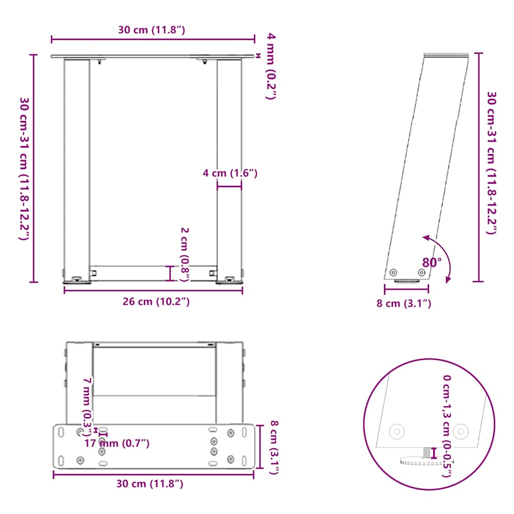 Couchtischbeine U-Form 2 Stk. Weiß 30x(30-31) cm Stahl