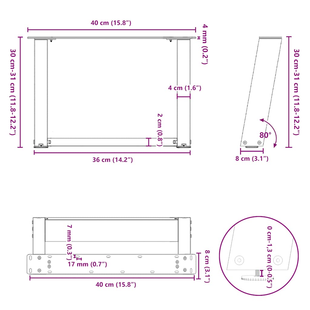 Pieds de table basse en U, 2 pièces, noir, 40 x 30-31 cm, acier