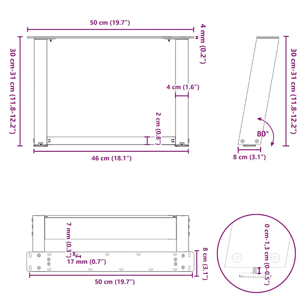 Pieds de table basse en U, 2 pièces, acier naturel, 50 x (30-31) cm