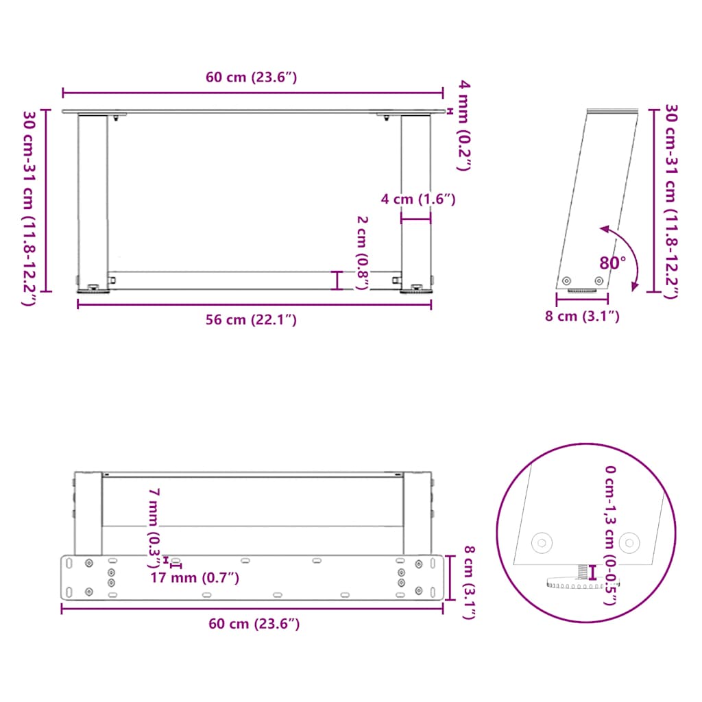 Pieds de table basse en U, 2 pièces, noir, 60 x 30-31 cm, acier