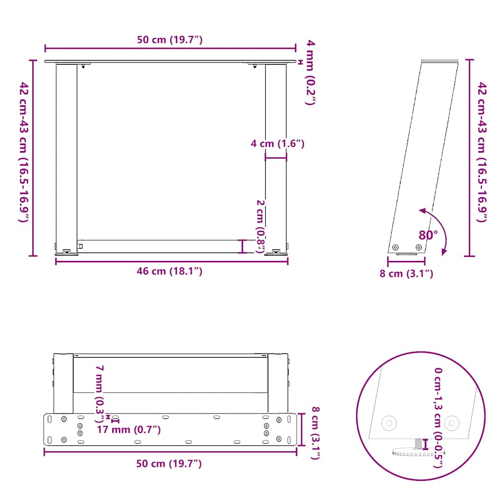 Pieds de table basse en U, 2 pièces, noir, 50 x 42-43 cm, acier