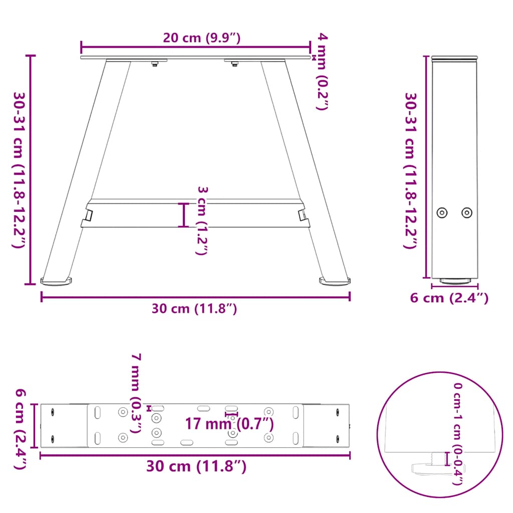 Pieds de table basse en forme de A, 2 pièces, blanc, 30 x 30-31 cm, acier