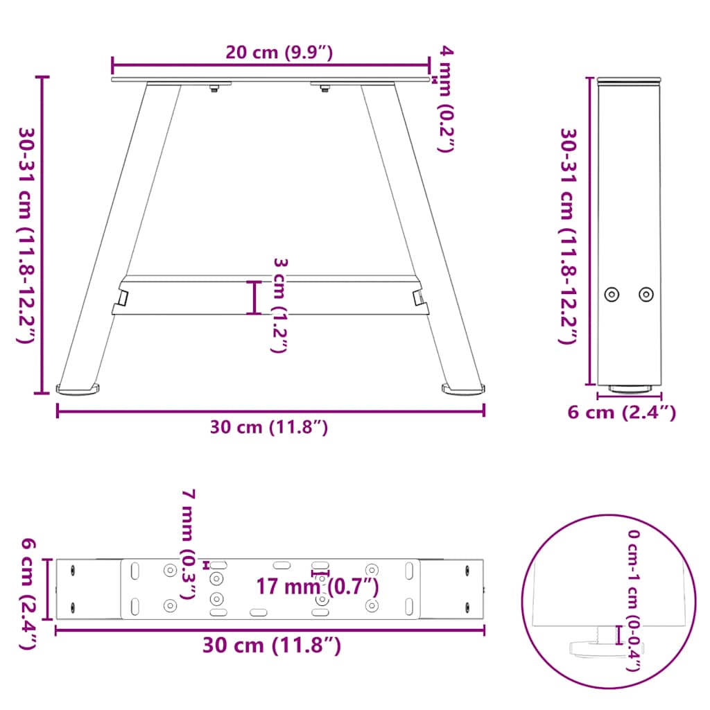 Pieds de table basse en forme de A, 2 pièces, 30 x (30-31) cm, acier