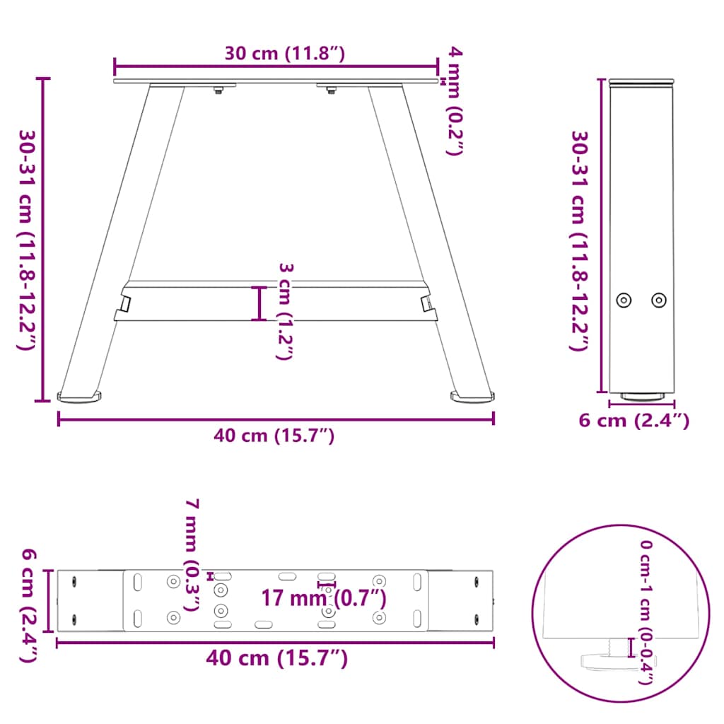 Pieds de table basse en forme de A, 2 pièces, 40 x (30-31) cm, acier