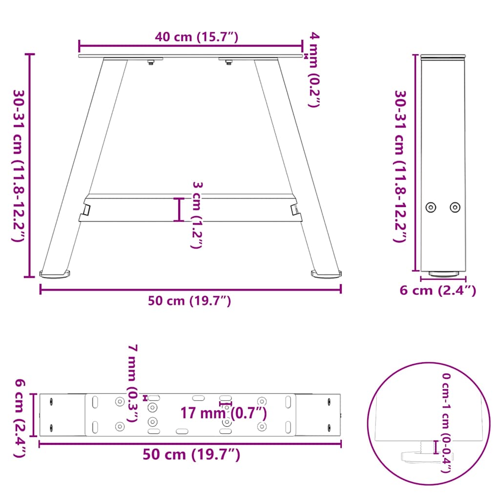 Pieds de table basse en forme de A, 2 pièces, noir, 50 x 30-31 cm, acier
