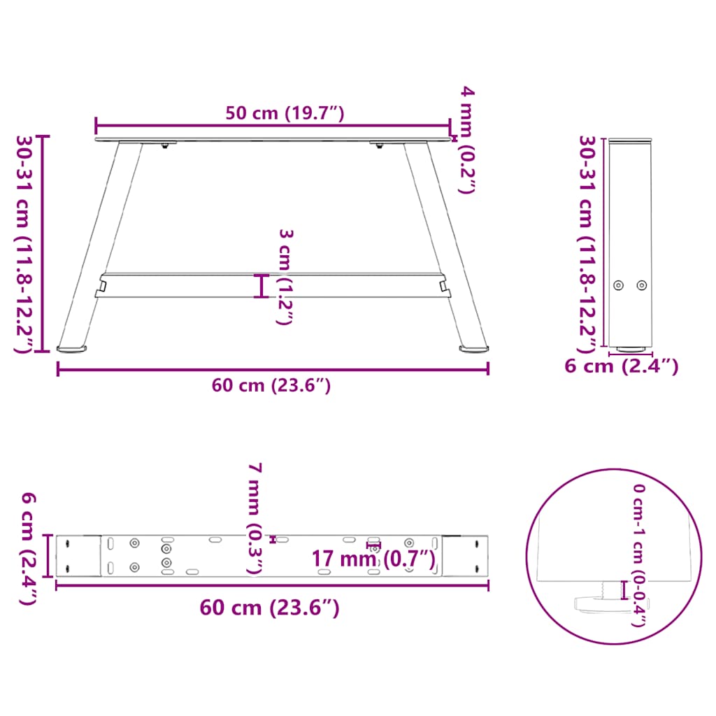 Pieds de table basse en forme de A, 2 pièces, noir, 60 x 30-31 cm, acier