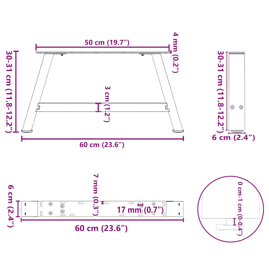 Pieds de table basse en forme de A, 2 pièces, blanc, 60 x 30-31 cm, acier