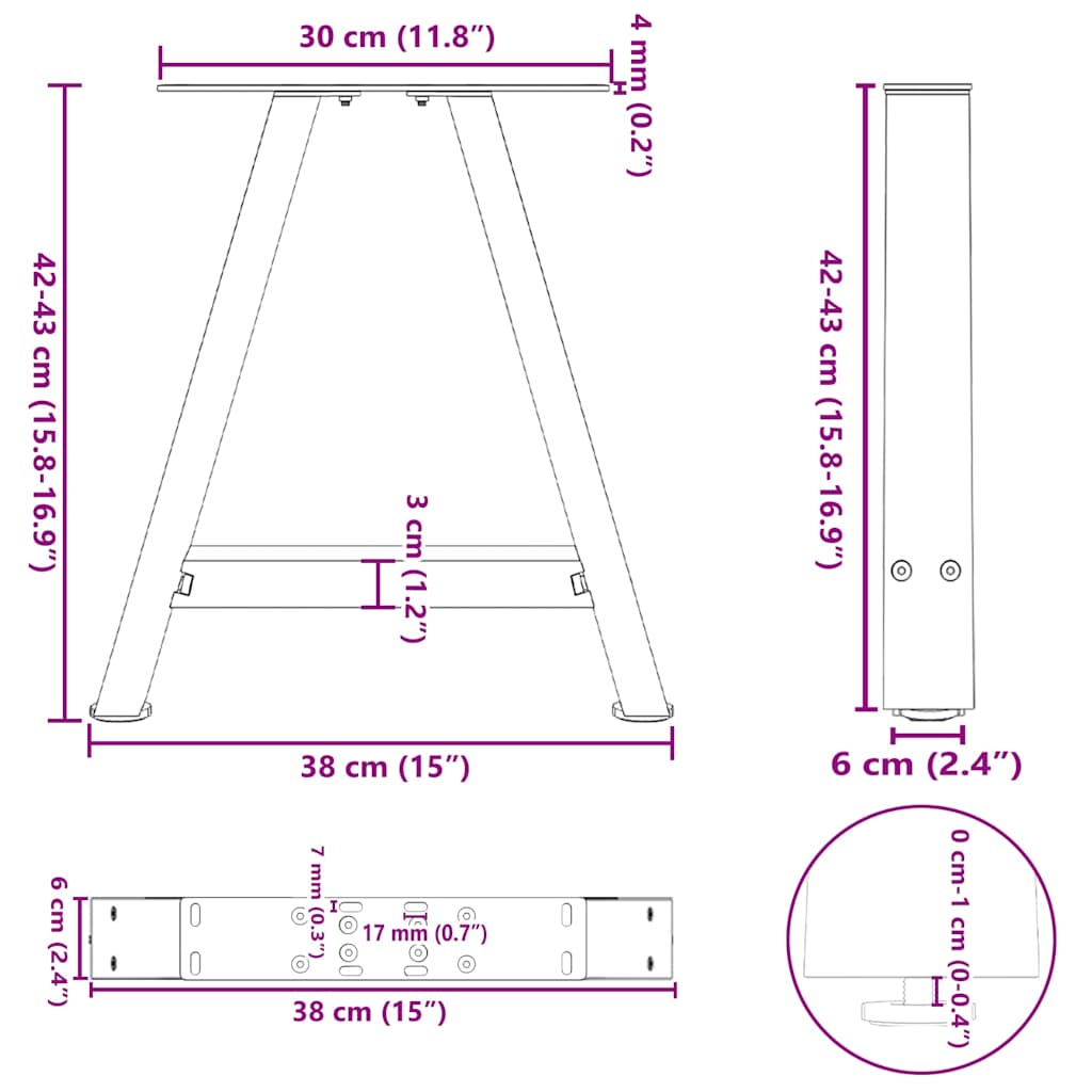 Pieds de table basse en forme de A, 2 pièces, blanc, 38 x 42-43 cm, acier