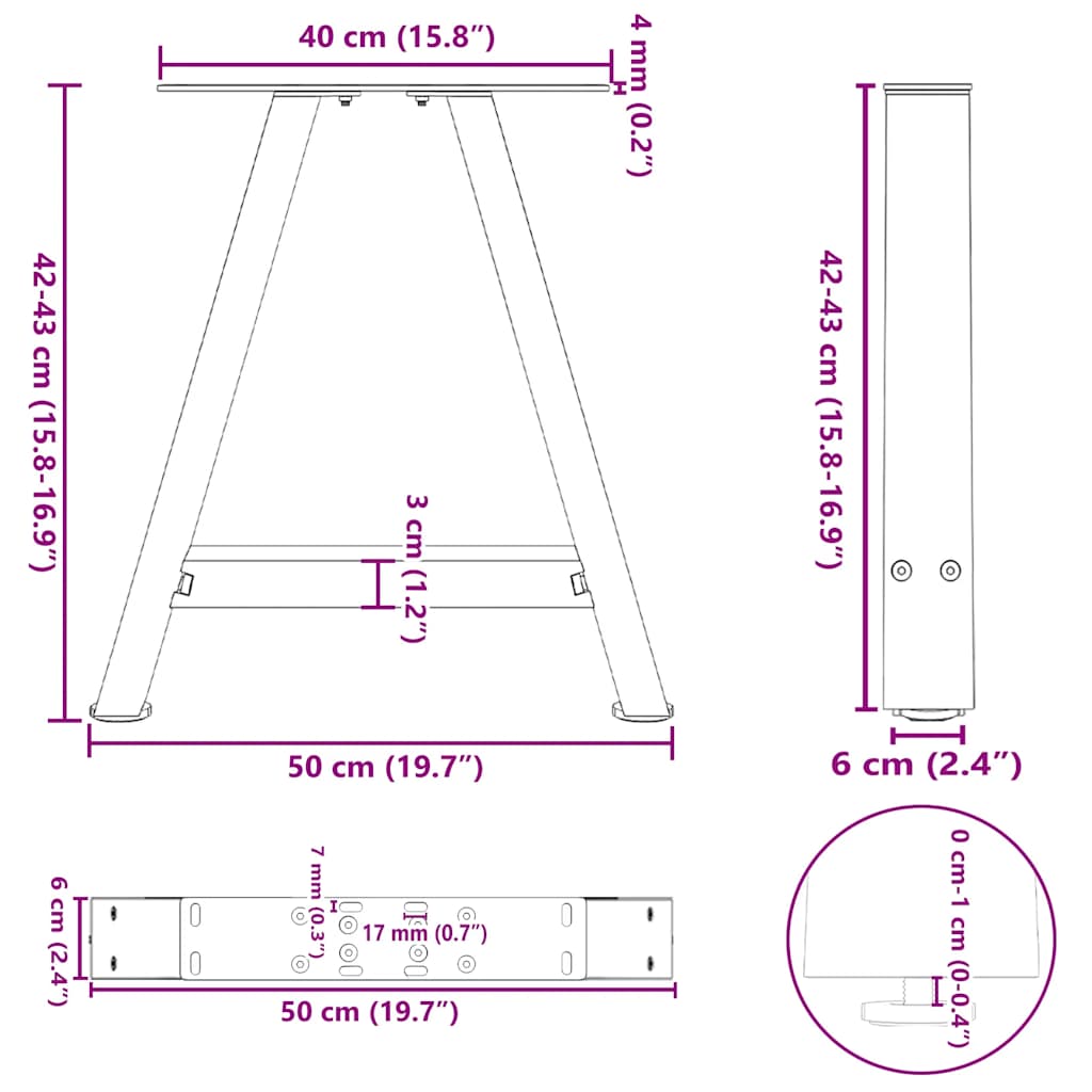 Pieds de table basse en forme de A, 2 pièces, blanc, 50 x 42-43 cm, acier