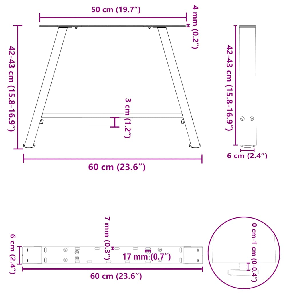 Pieds de table basse en forme de A, 2 pièces, noir, 60 x 42-43 cm, acier