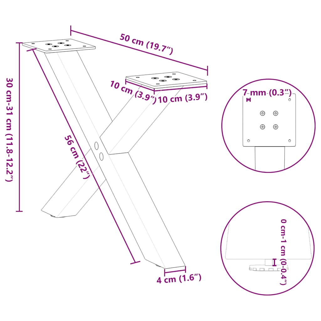 Pieds de table basse en forme de X, 2 pièces, acier naturel, 50 x (30-31) cm