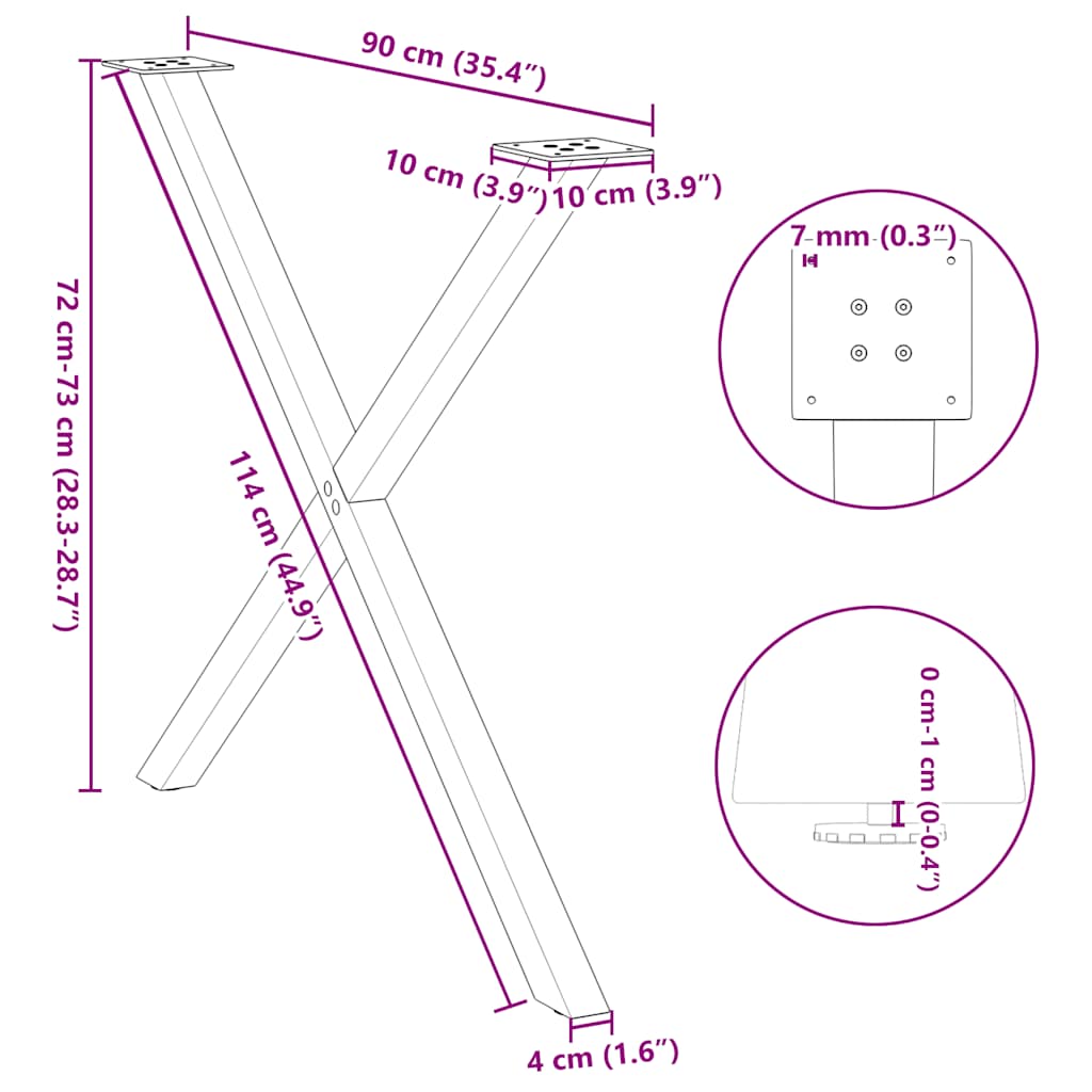 Pieds de table à manger en forme de X, 2 pièces, noir, 90 x 72-73 cm, acier
