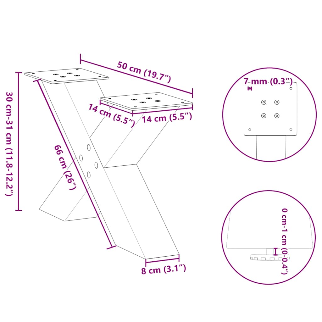 Pieds de table basse en forme de X, 2 pièces, acier naturel, 50 x (30-31) cm