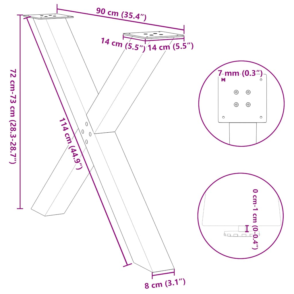 Pieds de table à manger en forme de X, 3 pièces, acier naturel, 90 x 72-73 cm