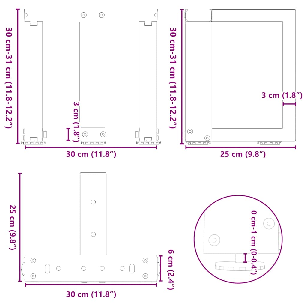 Pieds de table basse en T, 2 pièces, blanc, 30 x 25 x (30-31) cm, acier
