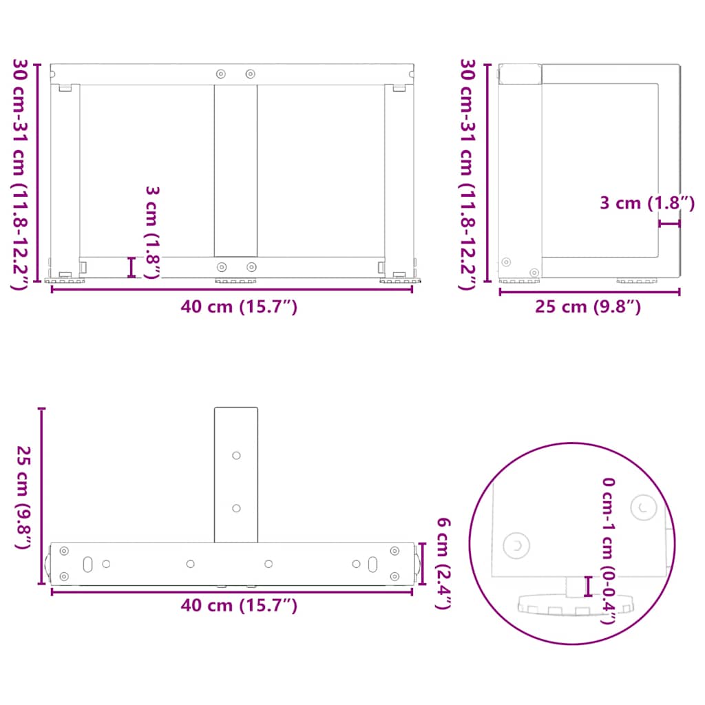 Pieds de table basse en T, 2 pièces, blanc, 40 x 25 x (30-31) cm, acier