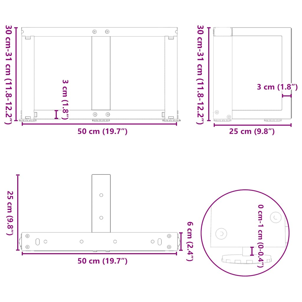 Pieds de table basse en T, 2 pièces, blanc, 50 x 25 x (30-31) cm, acier