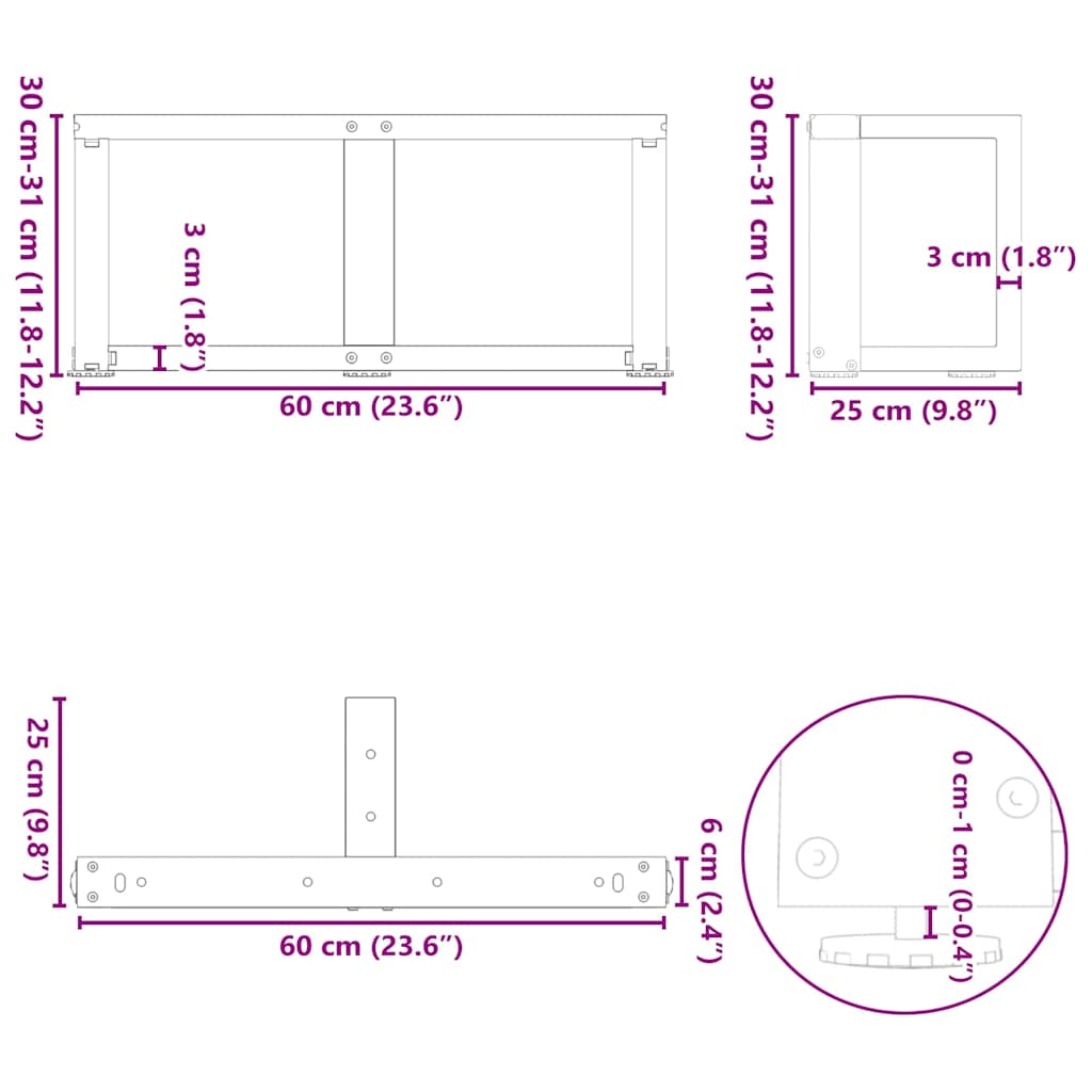 Pieds de table basse en T, 2 pièces, noir, 60 x 25 x (30-31) cm, acier