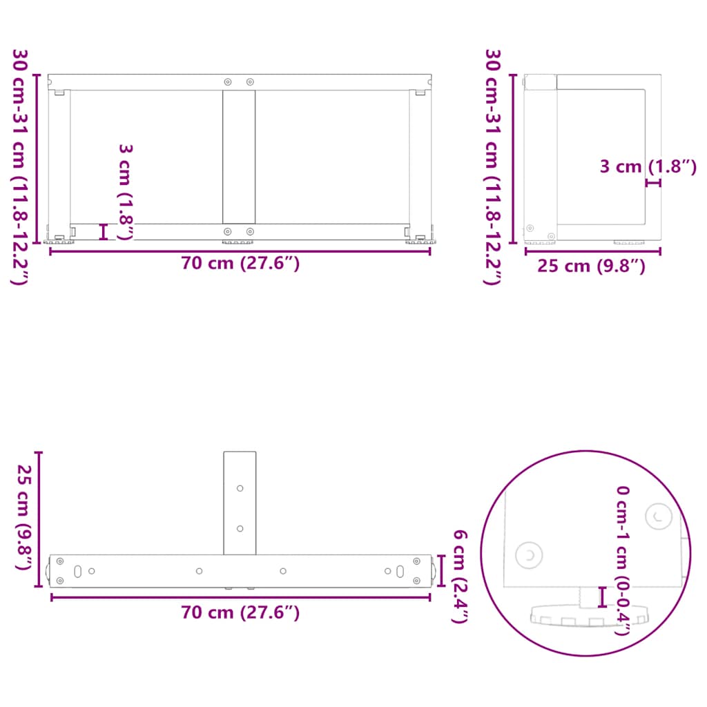 Pieds de table basse en T, 2 pièces, blanc, 70 x 25 x (30-31) cm, acier
