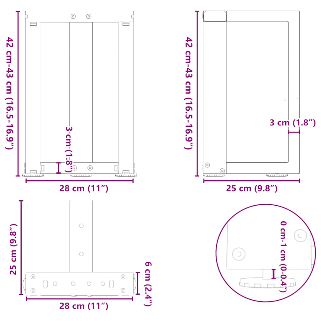 Pieds de table basse en T, 2 pièces, acier naturel, 28 x 25 x (42-43) cm