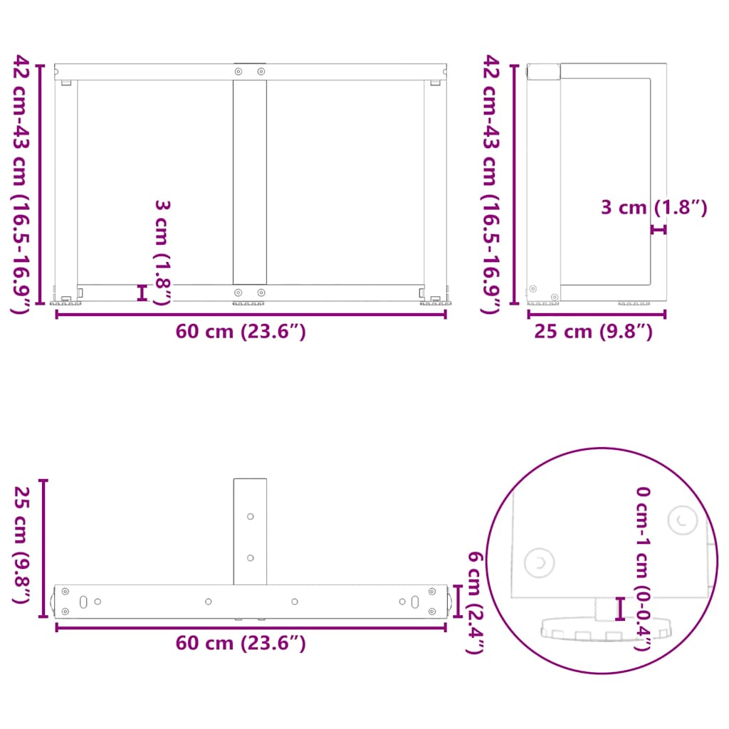 Pieds de table basse en T, 2 pièces, blanc, 60 x 25 x (42-43) cm, acier