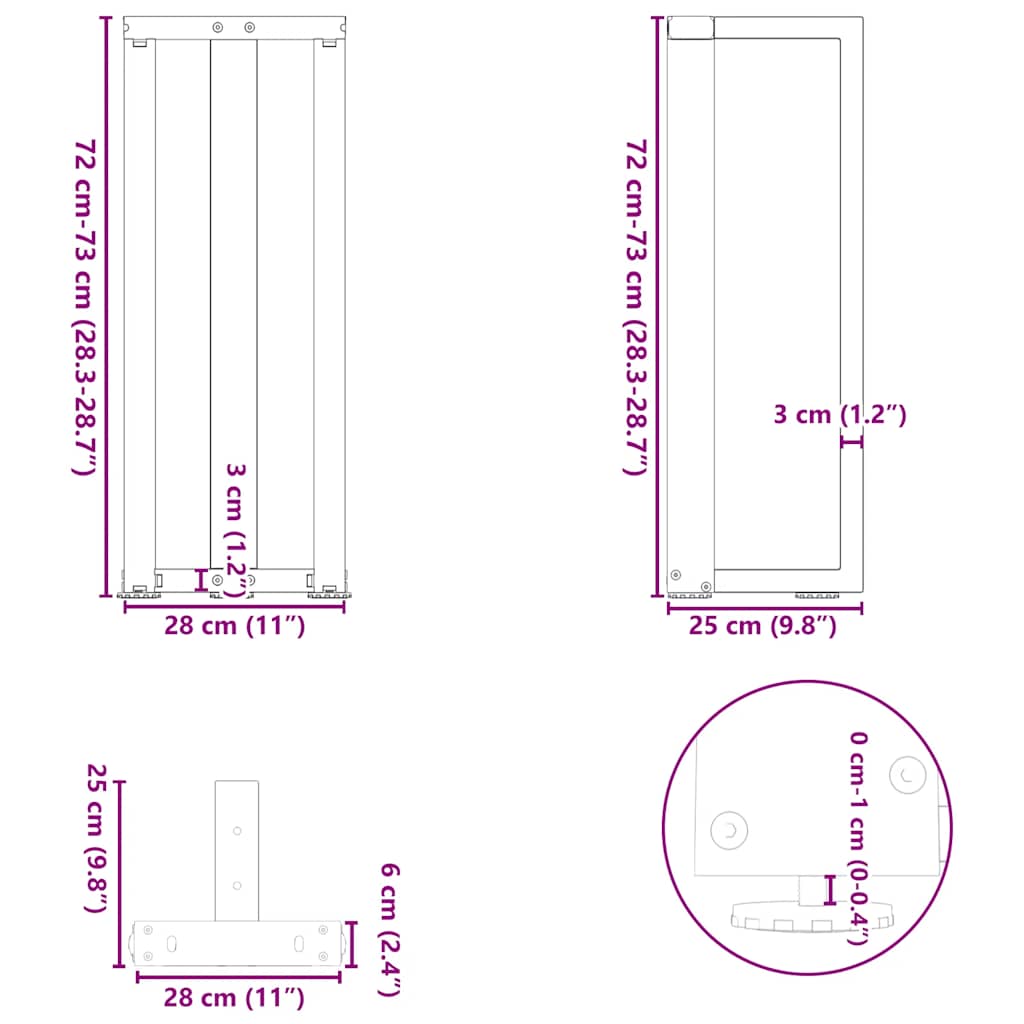 Konsolentischbeine T-Form 2 Stk. Weiß 25x28x(72-73) cm Stahl