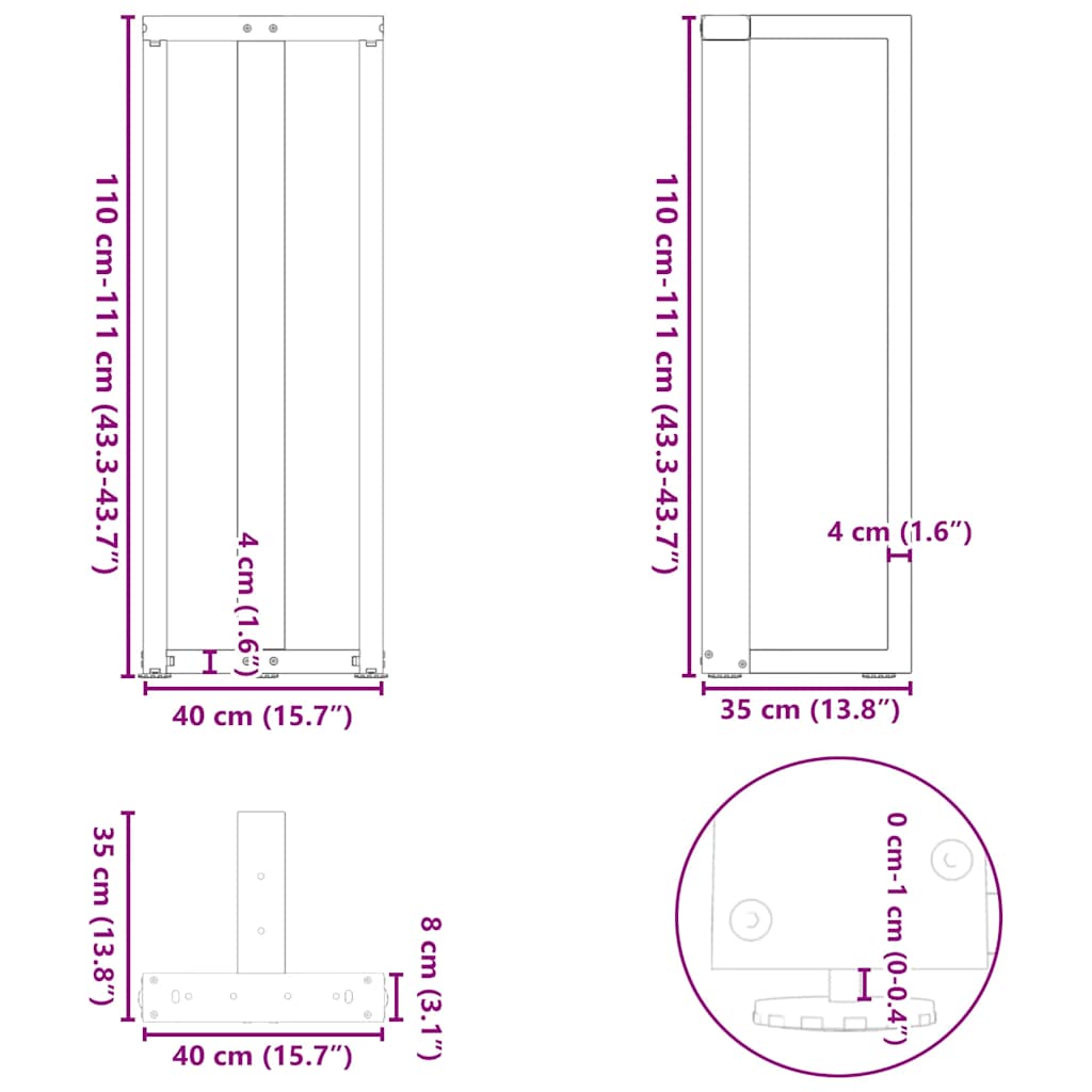 Bartischbeine T-Form 2 Stk. Naturstahl 40x35x(110-111) cm Stahl
