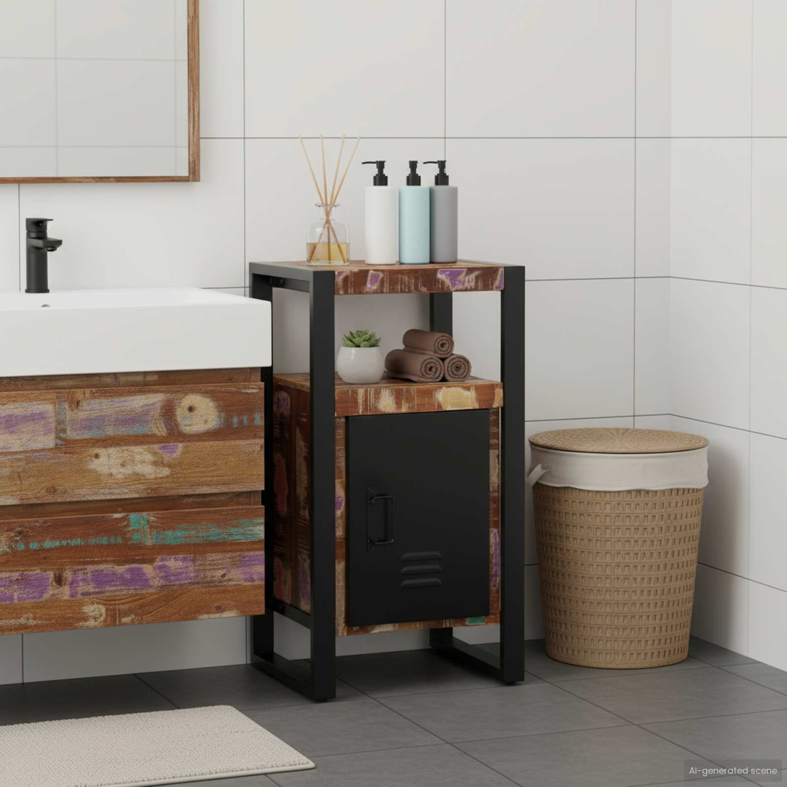 Badezimmerschrank mit Regal Braun Massives upgecyceltes Holz