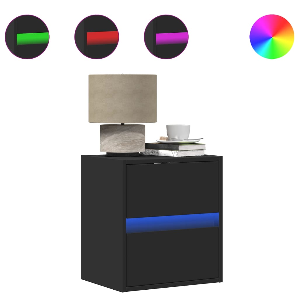 Wall-mounted bedside tables with LED lights 2 pcs. Black