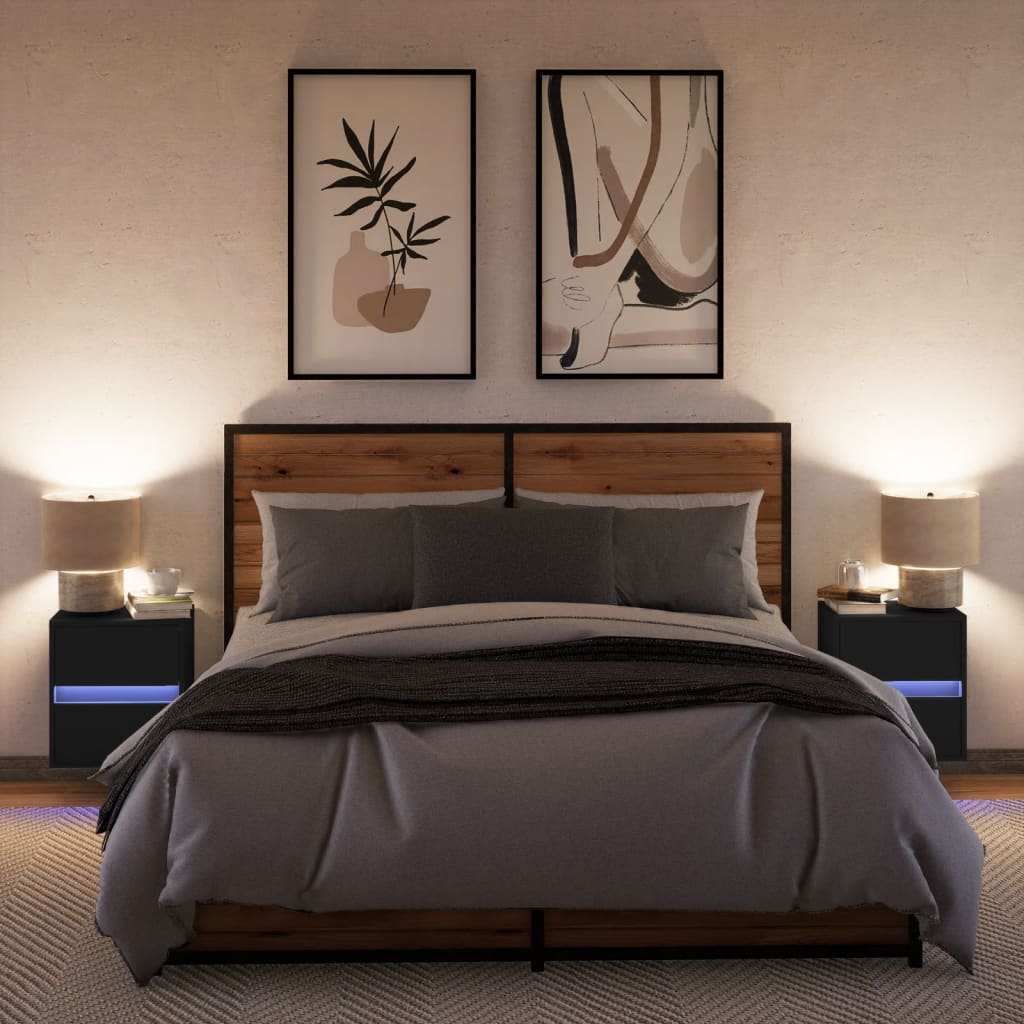 Wall-mounted bedside tables with LED lights 2 pcs. Black
