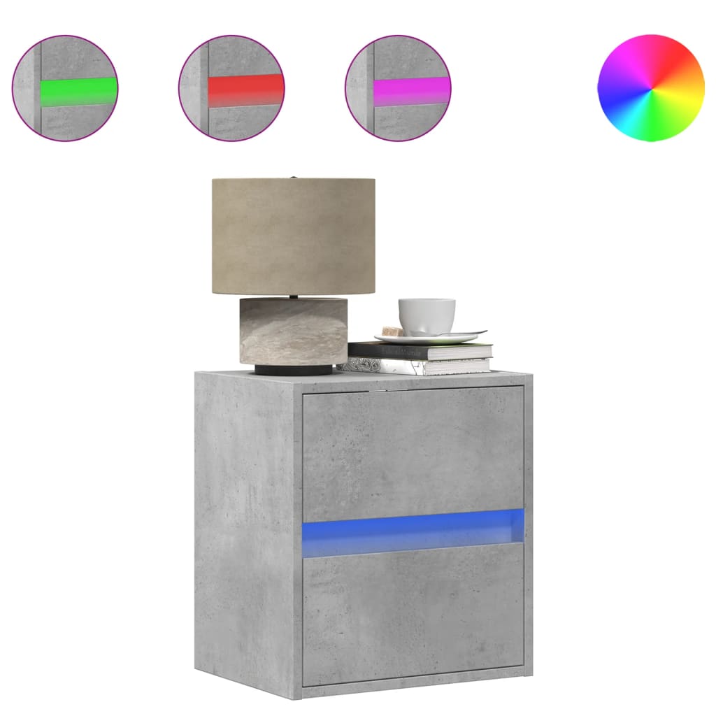 Wall-mounted bedside tables with LED lights 2 pcs. Concrete grey