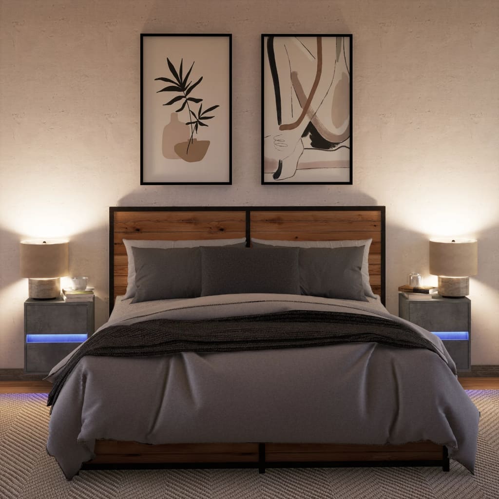 Wall-mounted bedside tables with LED lights 2 pcs. Concrete grey
