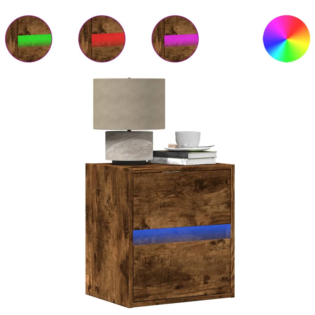 Wall-mounted bedside tables with LED lights 2 pcs. Smoked oak