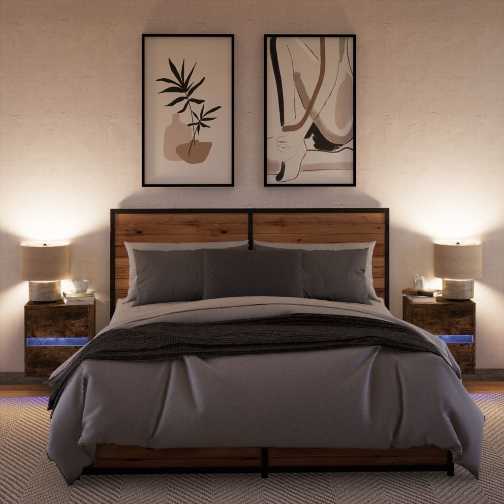 Wall-mounted bedside tables with LED lights 2 pcs. Smoked oak