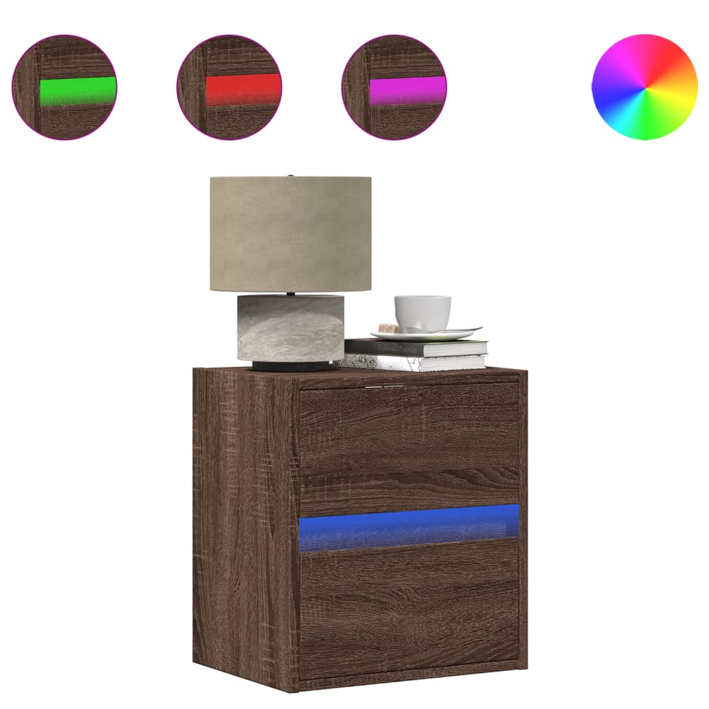 Wall-mounted bedside table with LED lights brown oak look