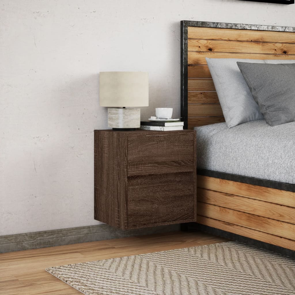 Wall-mounted bedside table with LED lights brown oak look
