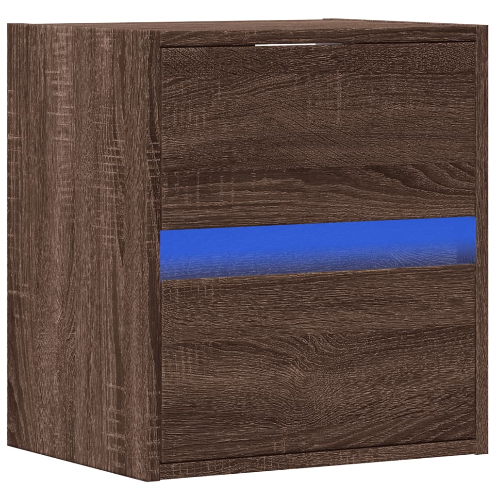 Wall-mounted bedside table with LED lights brown oak look