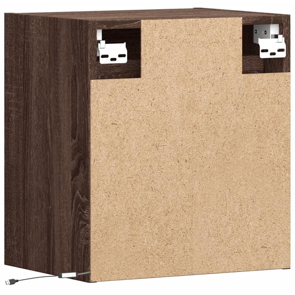 Wall-mounted bedside table with LED lights brown oak look