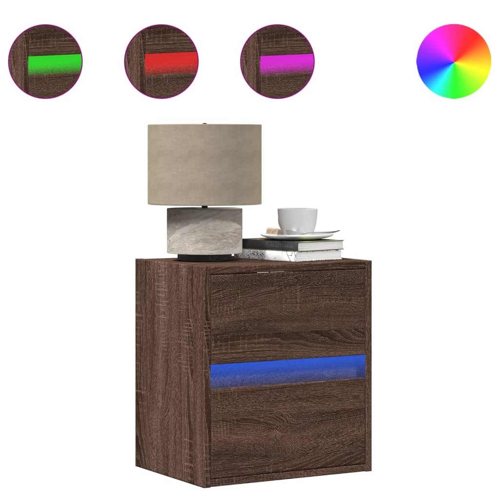 Wall-mounted bedside tables with LED lights 2 pcs. Brown oak look