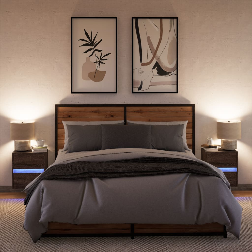 Wall-mounted bedside tables with LED lights 2 pcs. Brown oak look