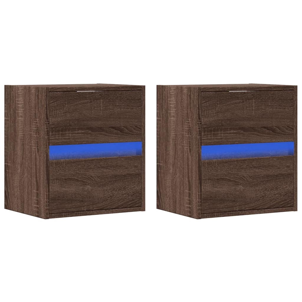 Wall-mounted bedside tables with LED lights 2 pcs. Brown oak look