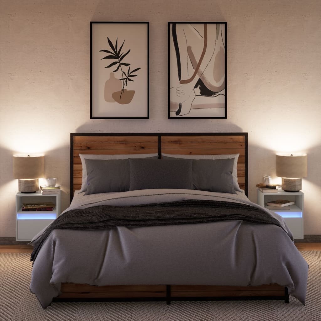 Wall-mounted bedside tables with LED lights 2 pcs. White