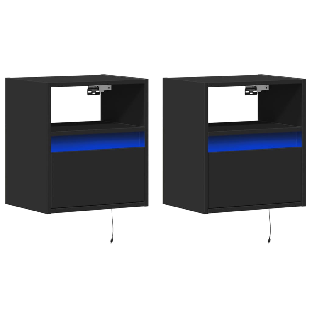 Wall-mounted bedside tables with LED lights 2 pcs. Black