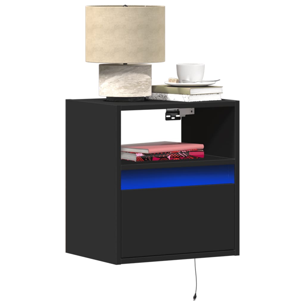 Wall-mounted bedside tables with LED lights 2 pcs. Black