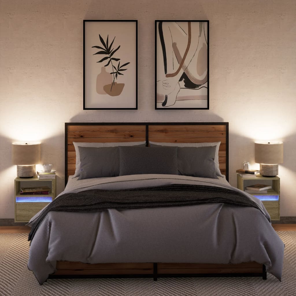 Wall-mounted bedside tables with LED lights 2 pcs. Sonoma oak